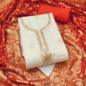 Off White & Orange Beads Work Cotton Silk Dress Material in Weaving Style