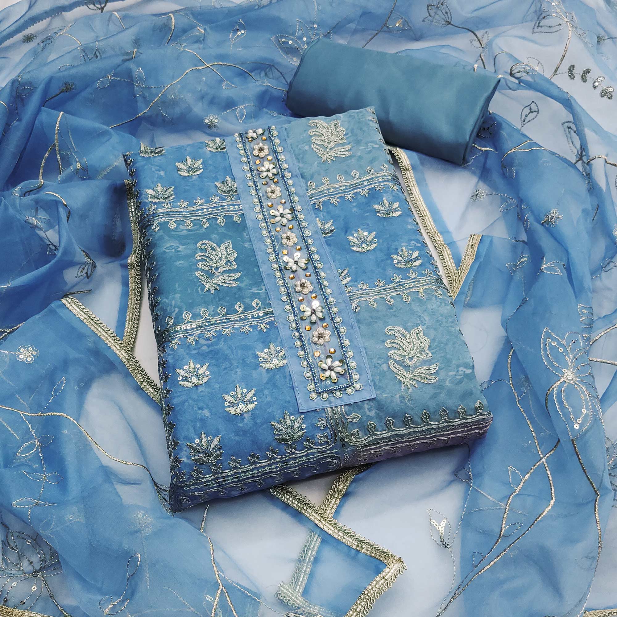 Blue Organza Dress Material With Floral Sequins Embroidery & Delicate Moti Handwork