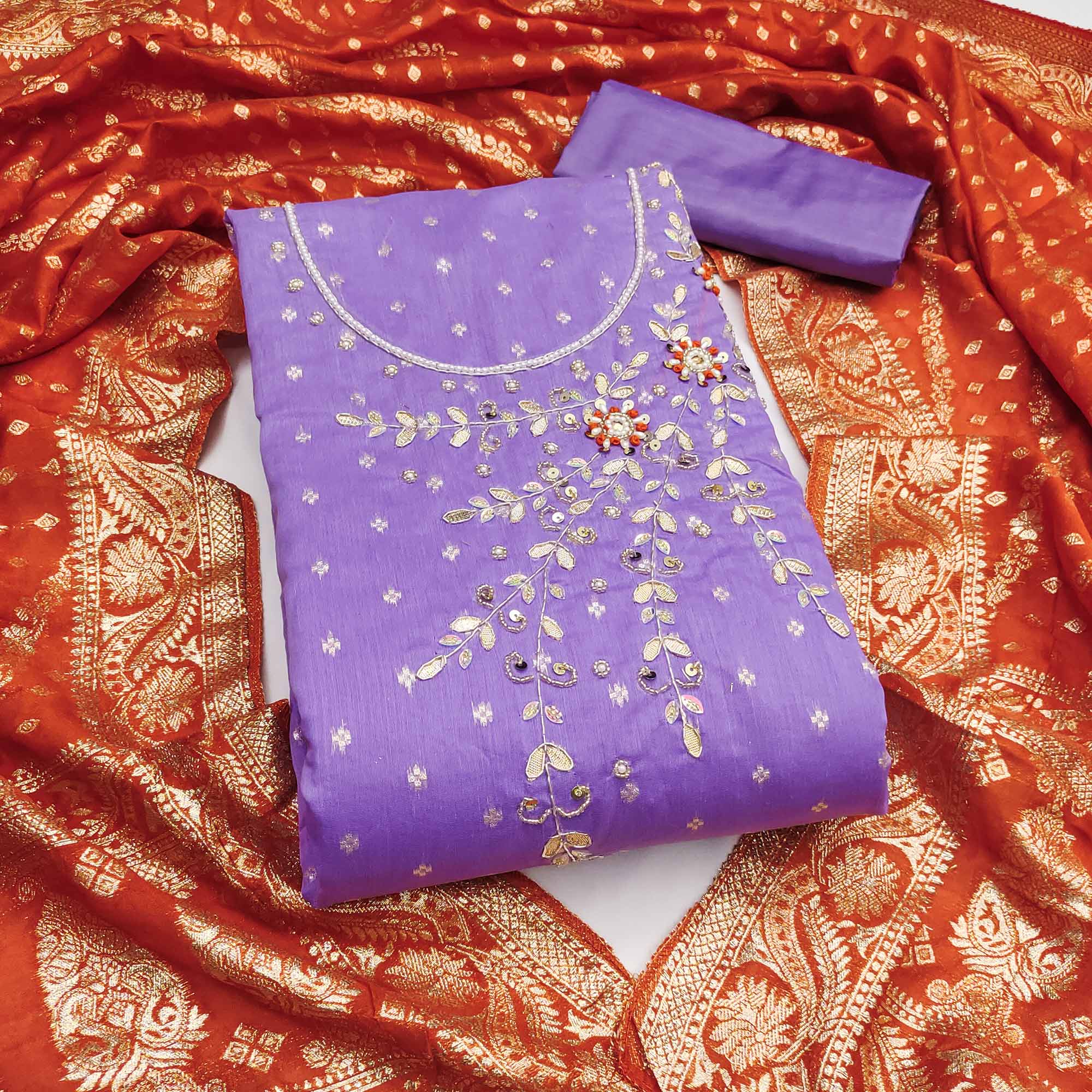 Lavender Unstitched Cotton Silk Dress Fabric with Gota Patti Embroidery and Woven Finish