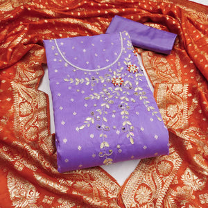 Lavender Unstitched Cotton Silk Dress Fabric with Gota Patti Embroidery and Woven Finish