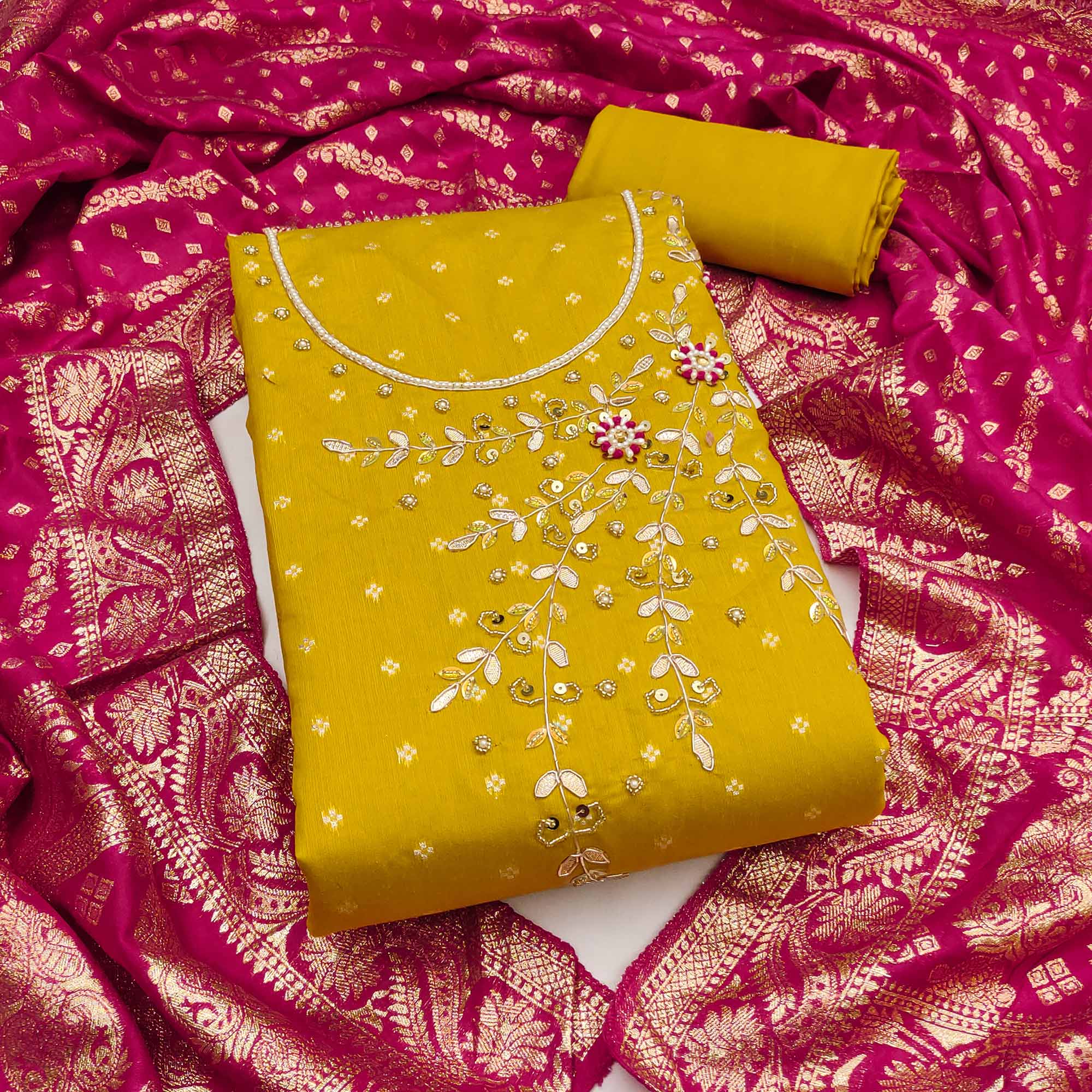Mustard Unstitched Cotton Silk Dress Fabric with Gota Patti Embroidery and Woven Finish