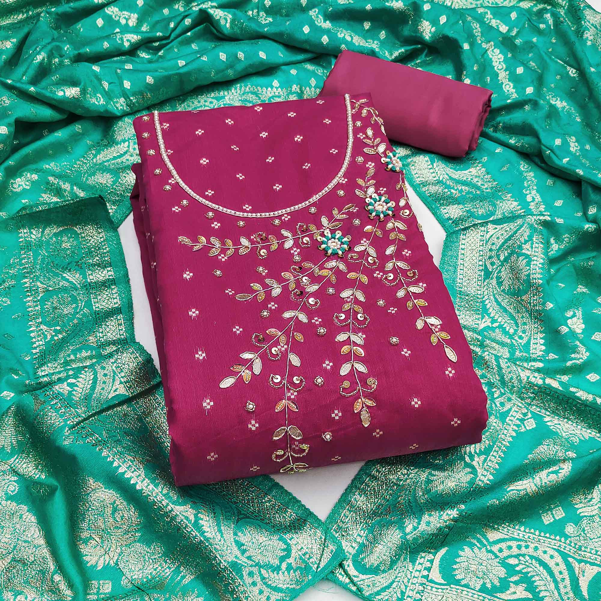 Pink Unstitched Cotton Silk Dress Fabric with Gota Patti Embroidery and Woven Finish