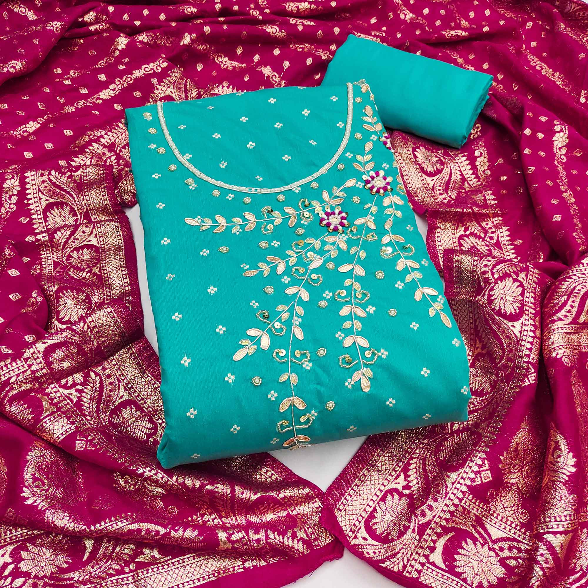 Turquoise Unstitched Cotton Silk Dress Fabric with Gota Patti Embroidery and Woven Finish