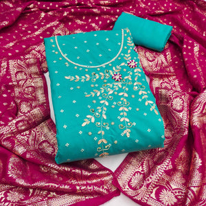 Turquoise Unstitched Cotton Silk Dress Fabric with Gota Patti Embroidery and Woven Finish
