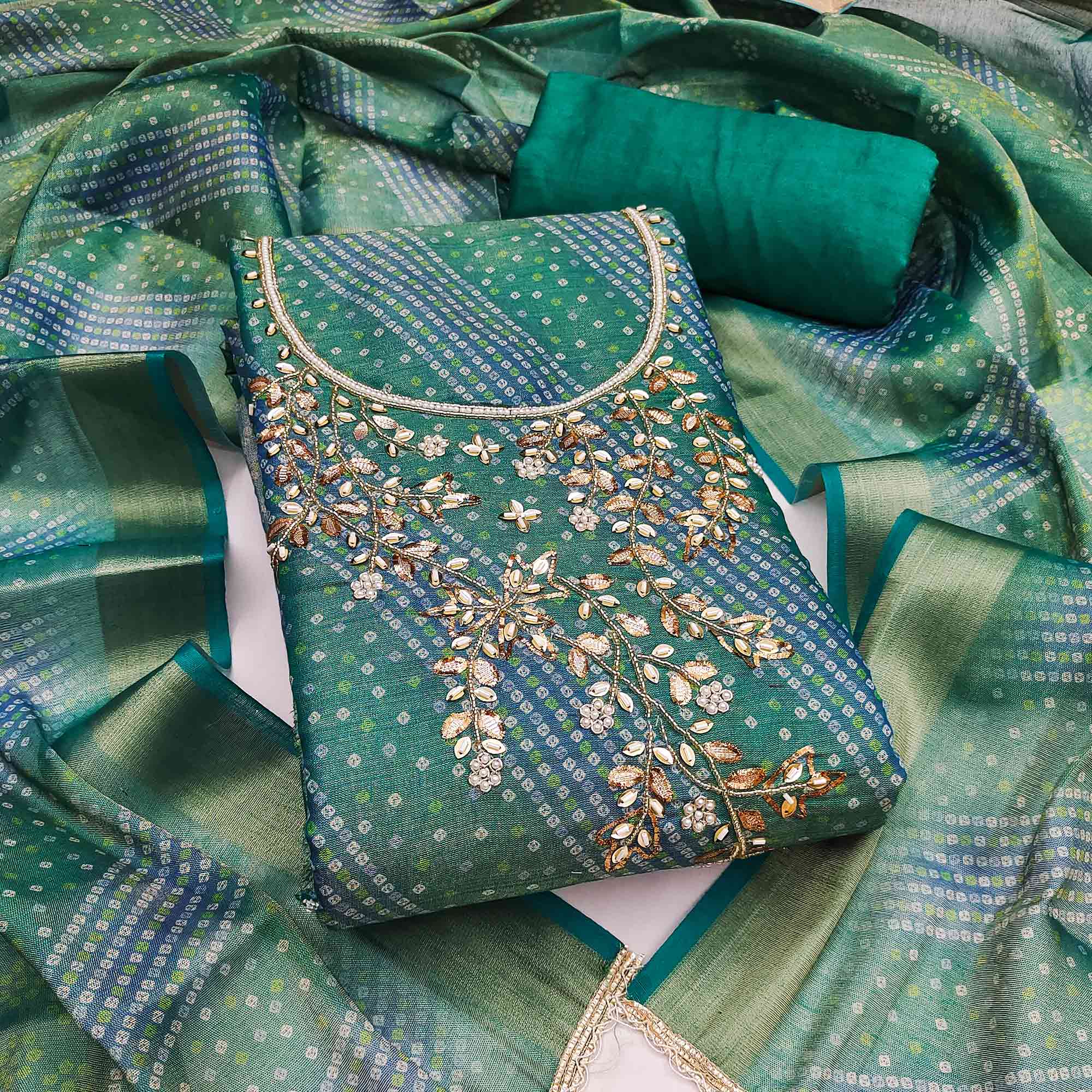 Bandhani Printed Green Cotton Silk Dress Material with Hand Embellishment