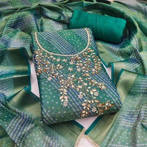 Bandhani Printed Green Cotton Silk Dress Material with Hand Embellishment