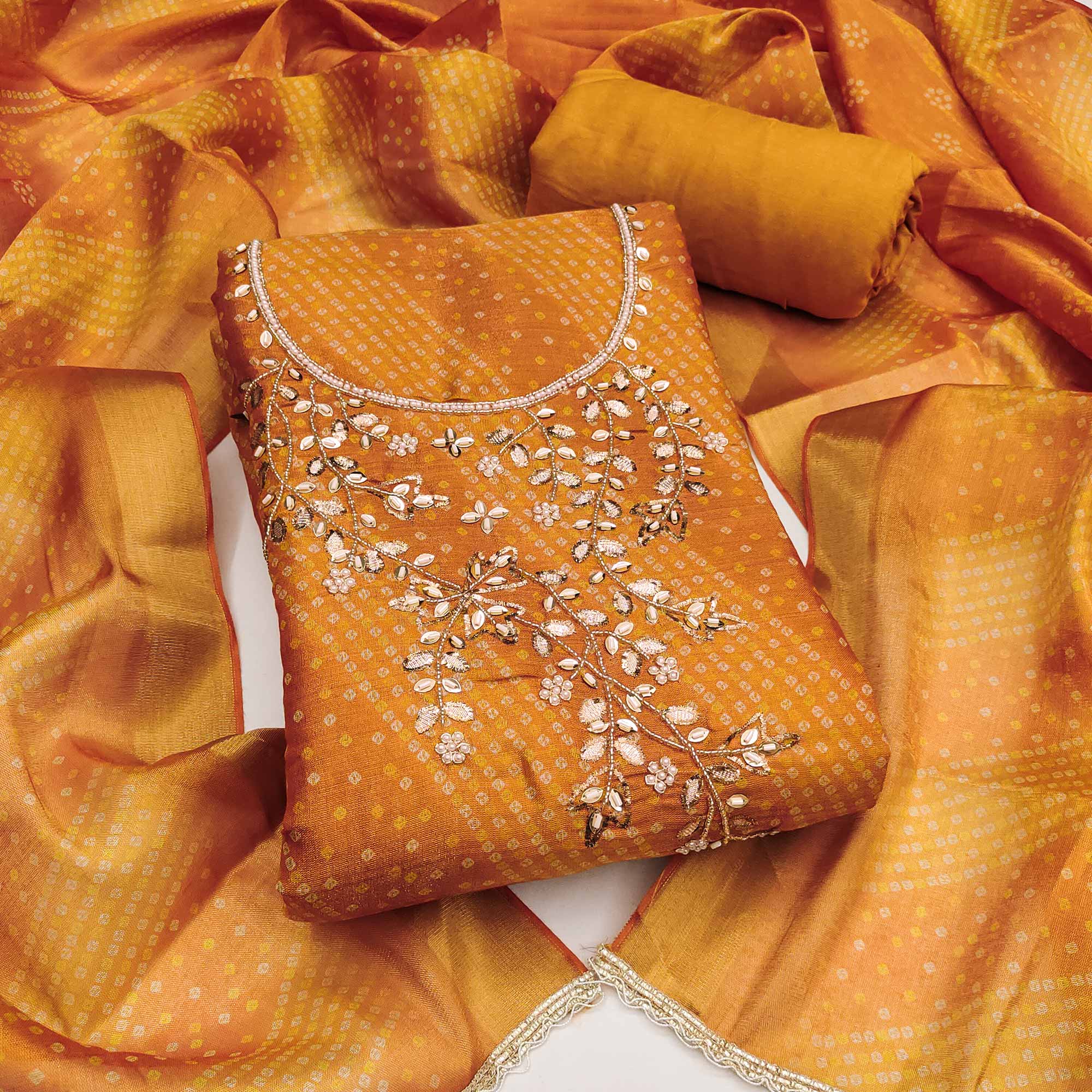 Bandhani Printed Mustard Cotton Silk Dress Material with Hand Embellishment