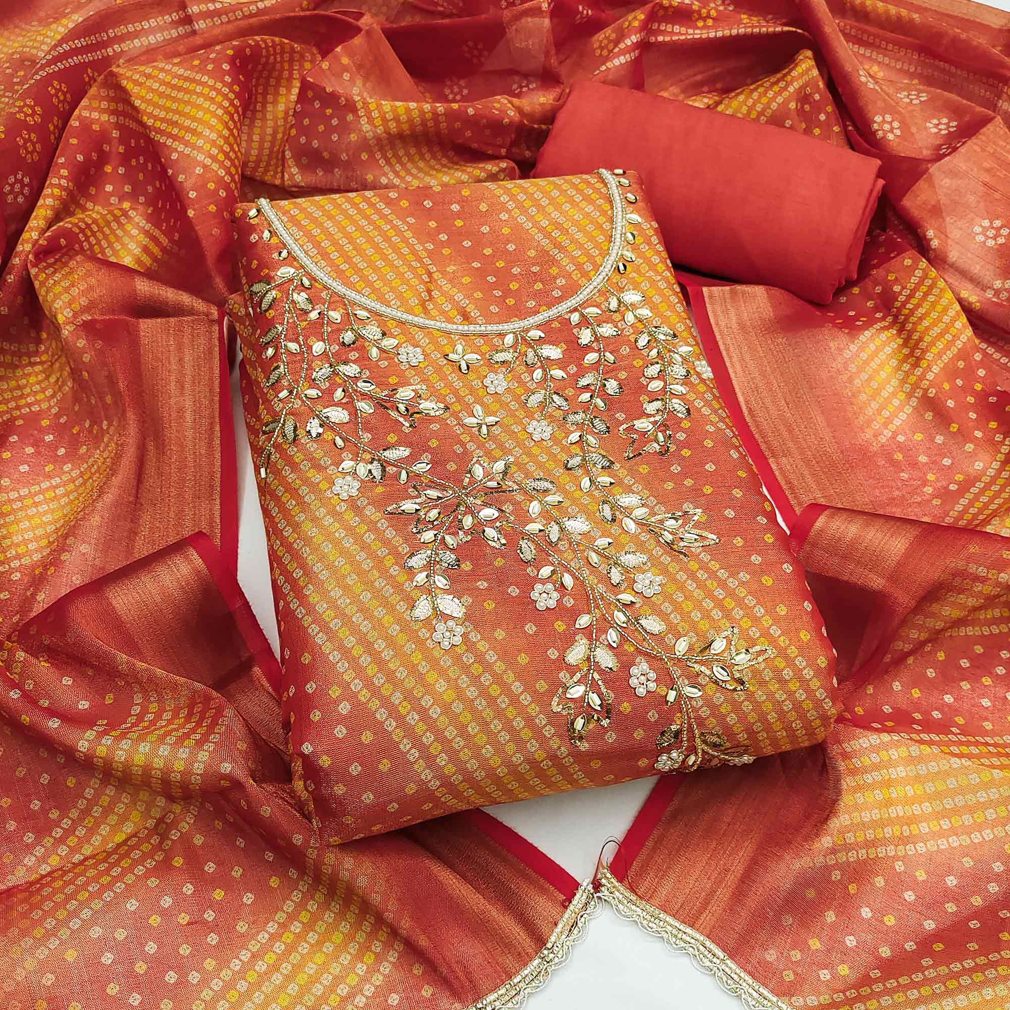 Bandhani Printed Orange Cotton Silk Dress Material with Hand Embellishment