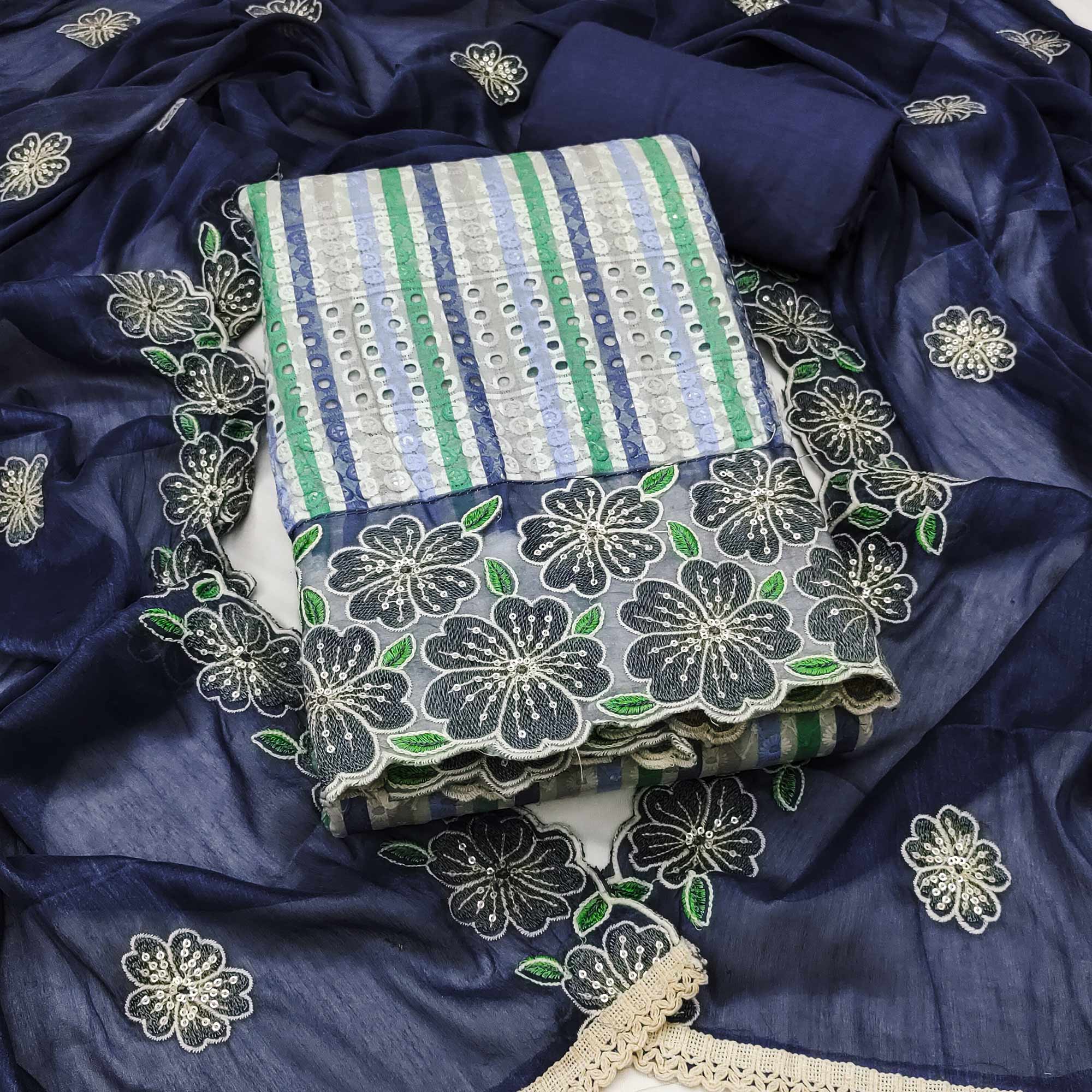 Soft and Comfortable Blue Pure Cambric Cotton Dress Fabric with Fine Floral Embroidery