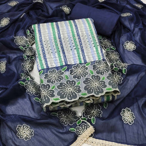 Soft and Comfortable Blue Pure Cambric Cotton Dress Fabric with Fine Floral Embroidery