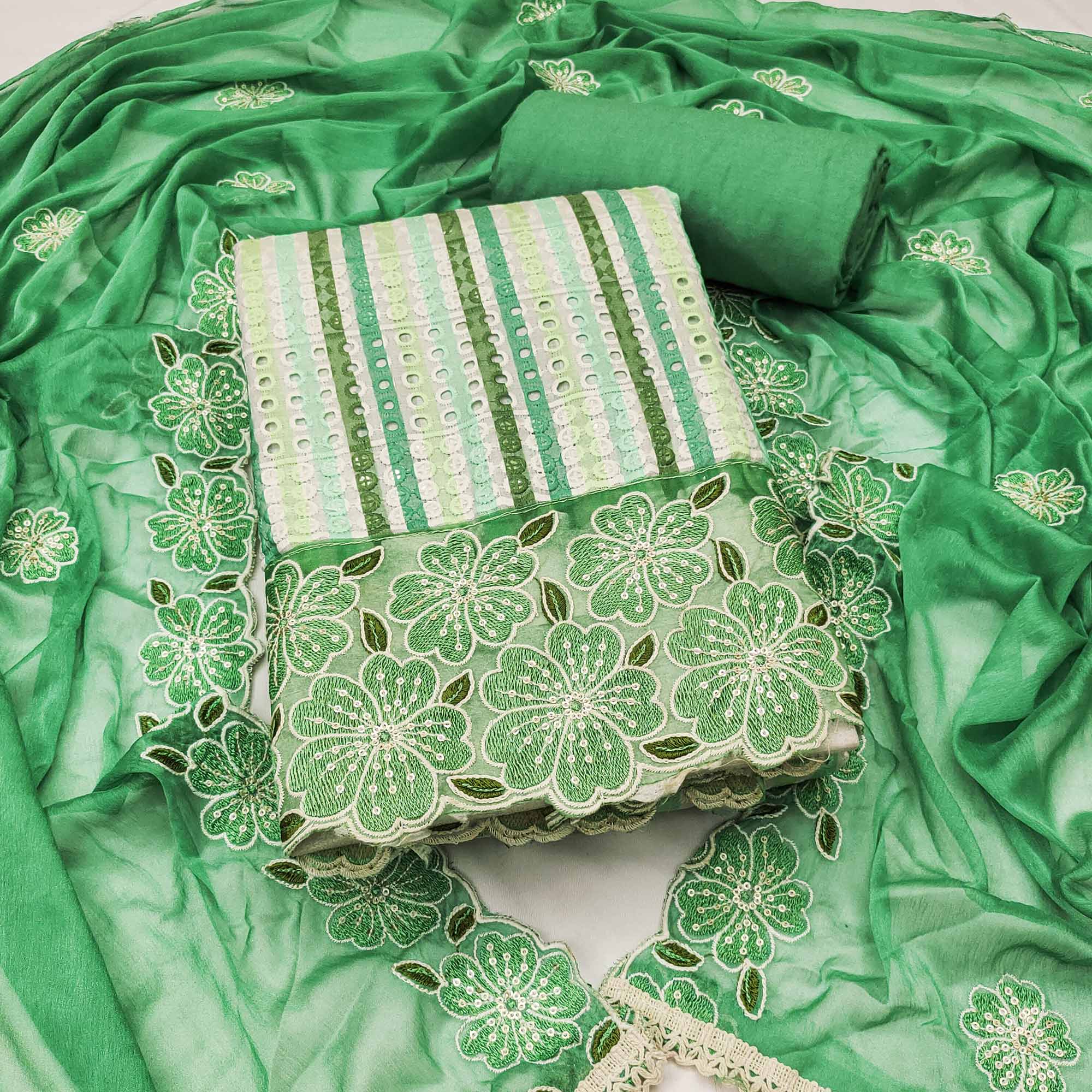 Soft and Comfortable Green Pure Cambric Cotton Dress Fabric with Fine Floral Embroidery