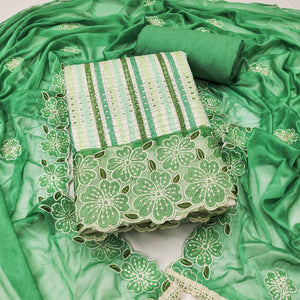 Soft and Comfortable Green Pure Cambric Cotton Dress Fabric with Fine Floral Embroidery