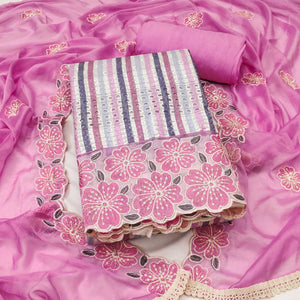 Soft and Comfortable Pink Pure Cambric Cotton Dress Fabric with Fine Floral Embroidery