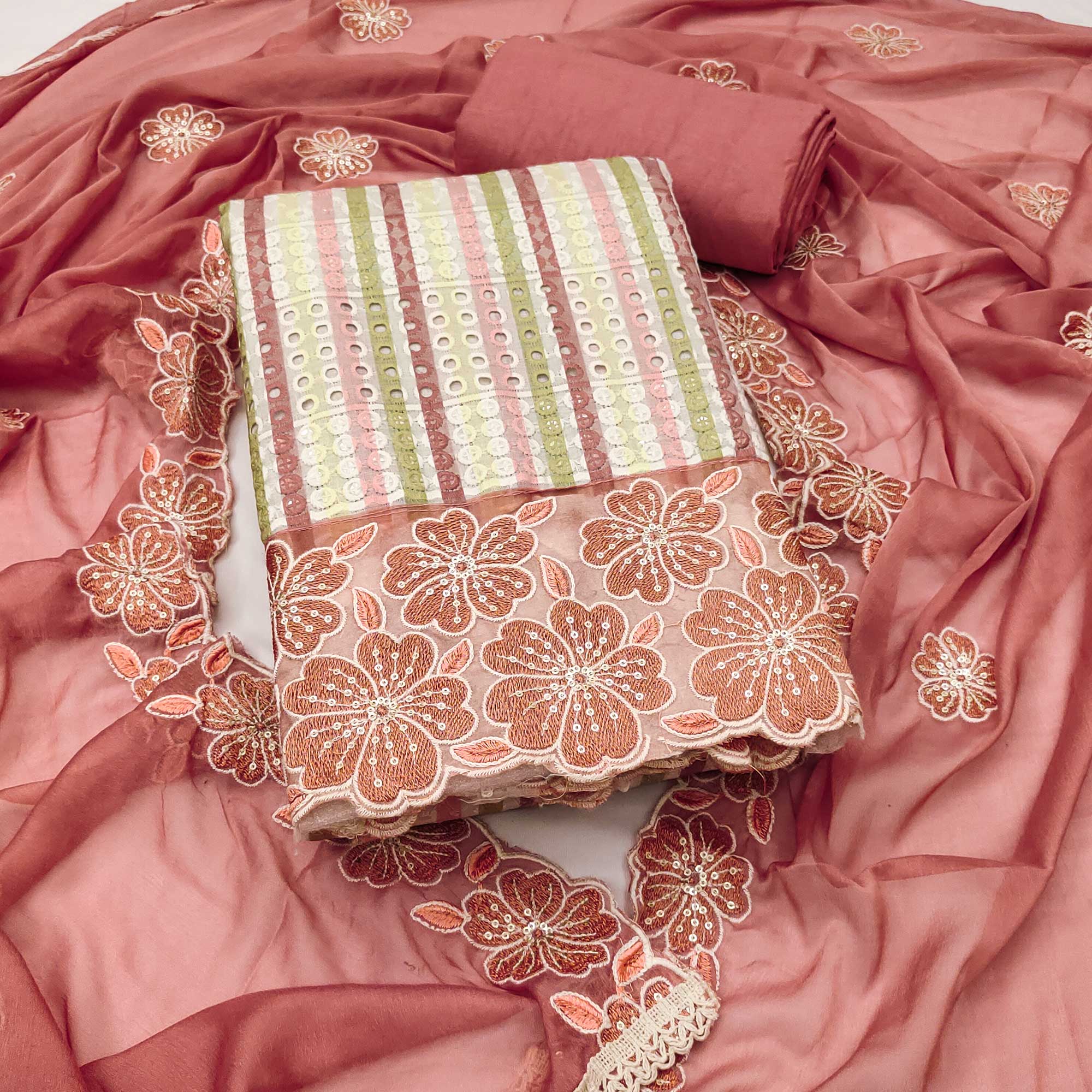 Soft and Comfortable Dusty Rose Pink Pure Cambric Cotton Dress Fabric with Fine Floral Embroidery