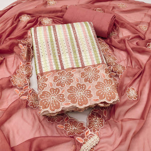 Soft and Comfortable Dusty Rose Pink Pure Cambric Cotton Dress Fabric with Fine Floral Embroidery