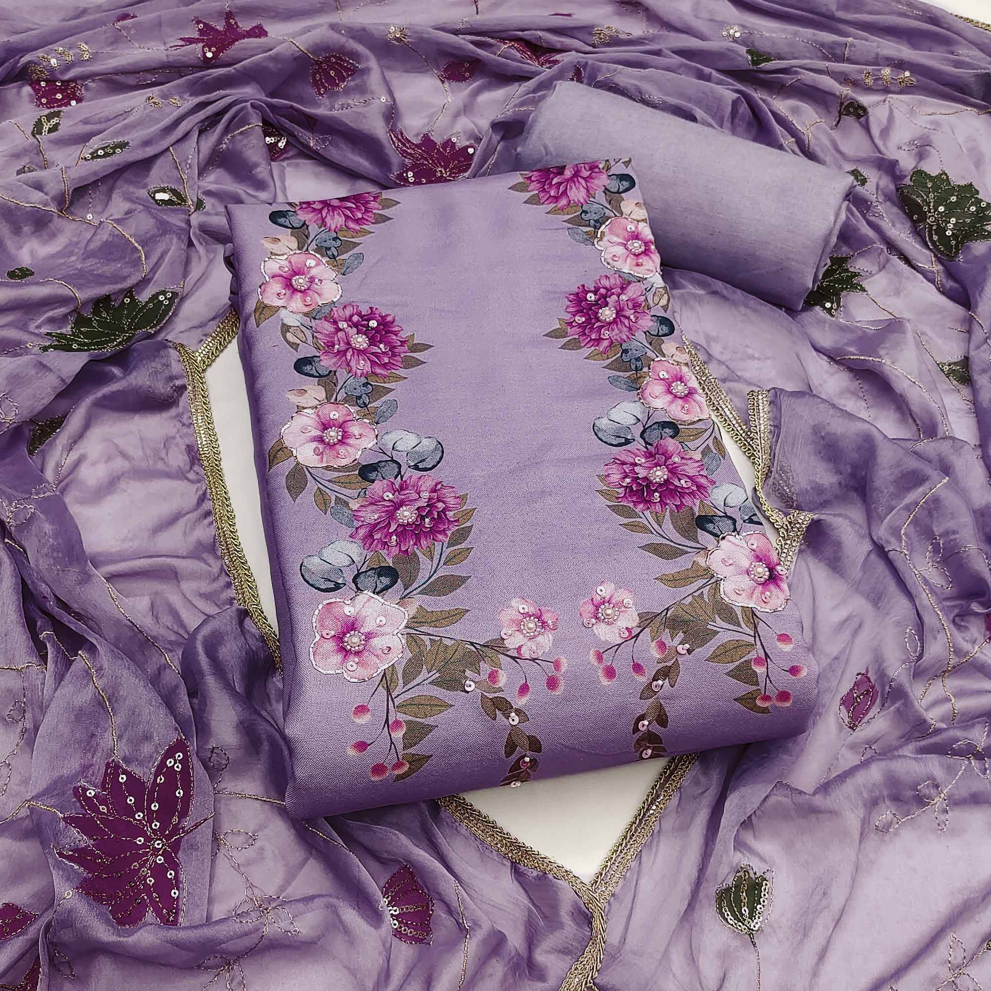 Lavender Rayon Fabric with Floral Print Dress Material