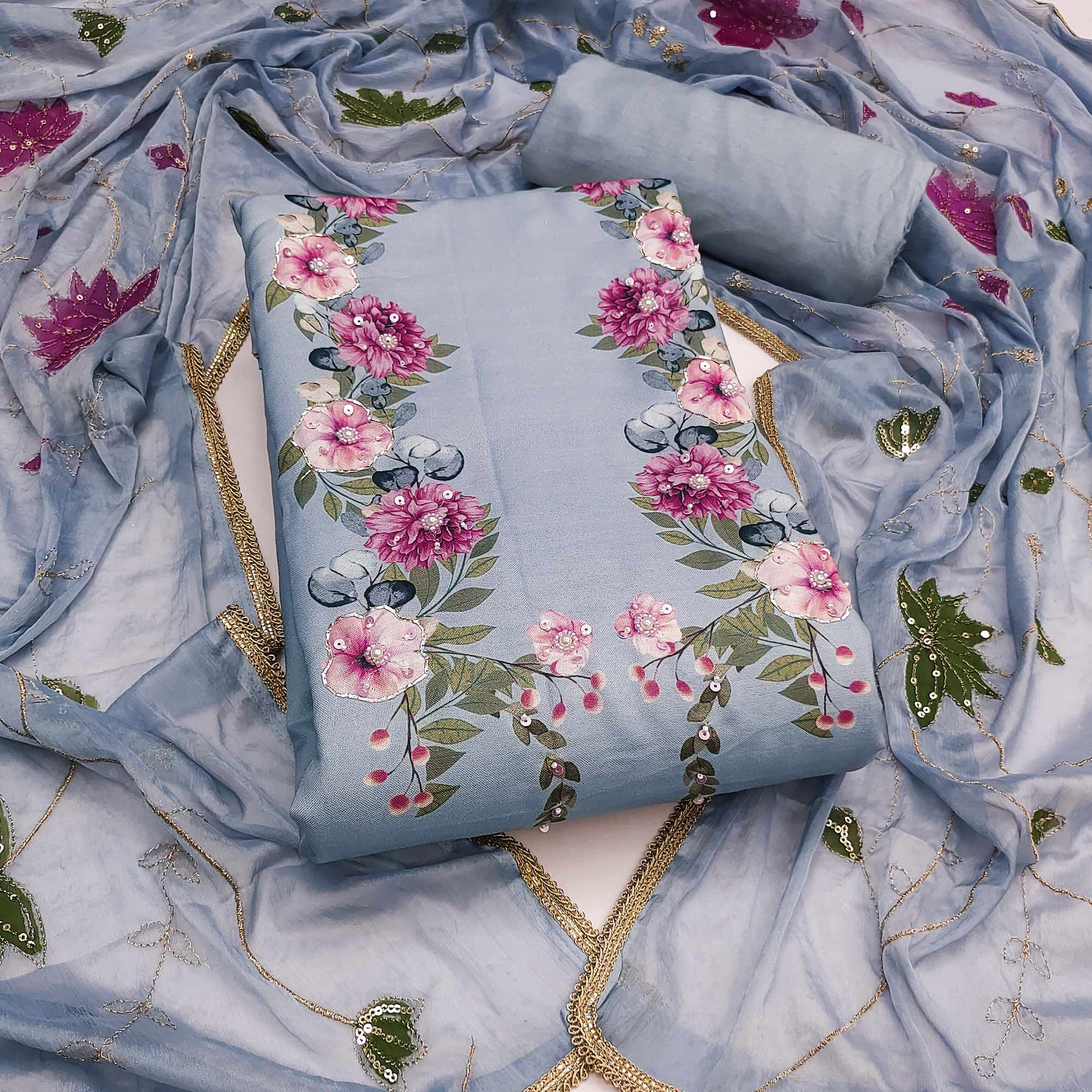 Powder Blue Rayon Fabric with Floral Print Dress Material