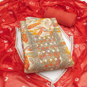 Off White & Orange Floral Printed Pure Cotton Unstitched Dress Material