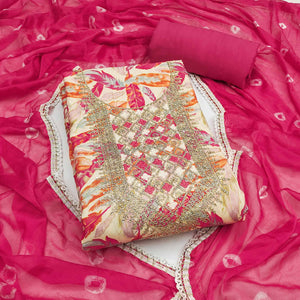 Off White & Pink Floral Printed Pure Cotton Unstitched Dress Material