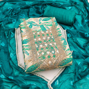 Off White & Teal Floral Printed Pure Cotton Unstitched Dress Material