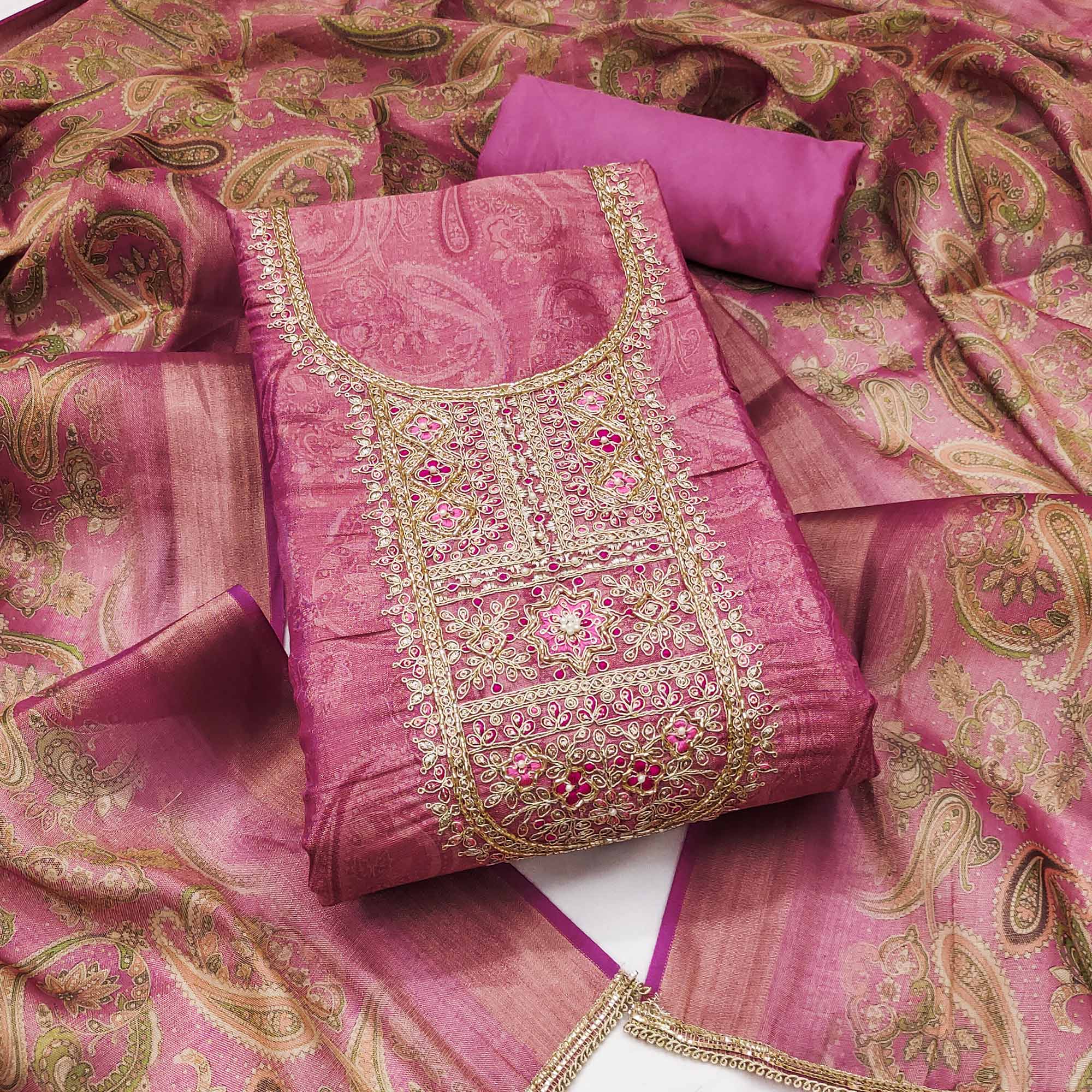 Festive Pink Printed Shimmer Cotton Silk Unstitched Dress Material with Decorative Thread Work