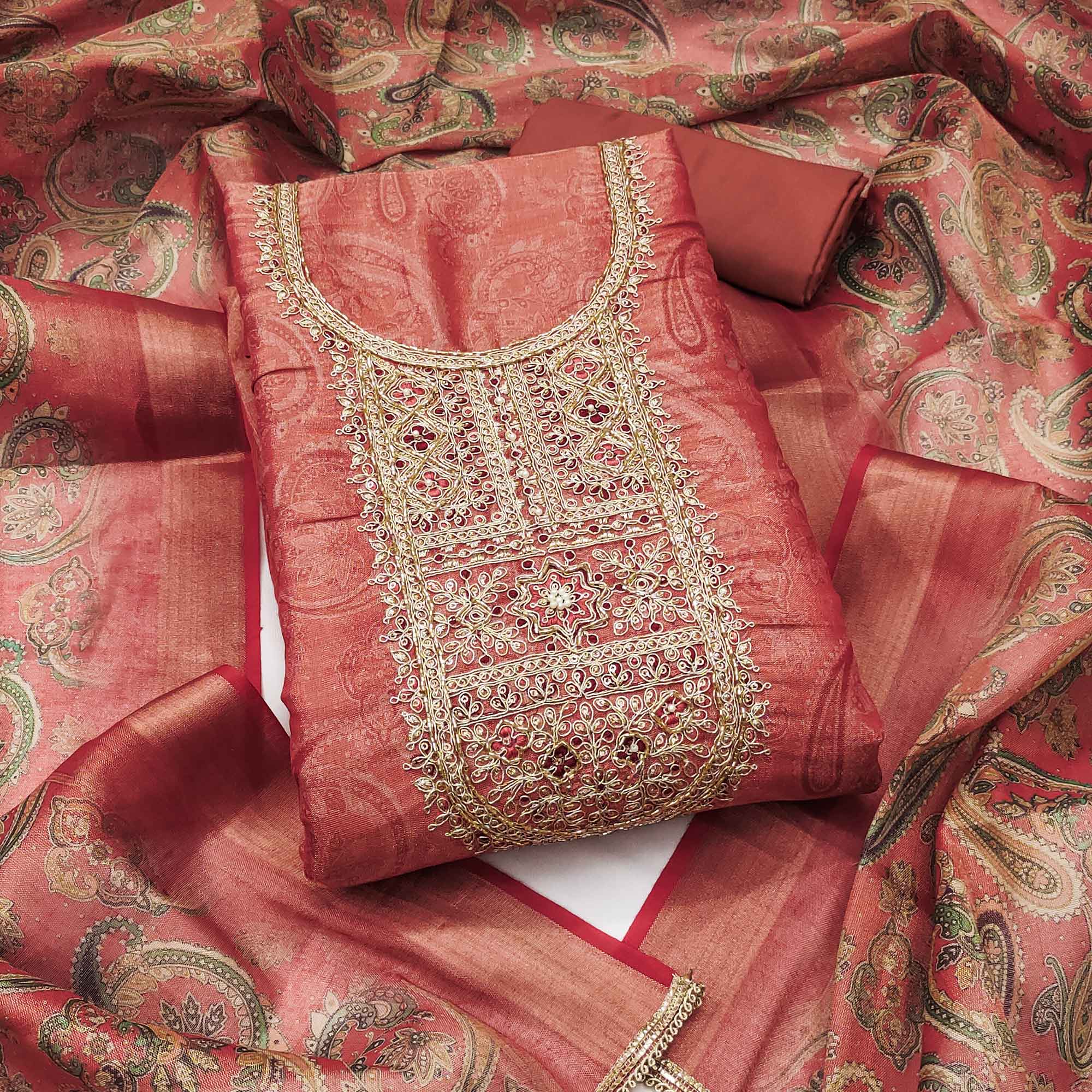 Festive Rust Printed Shimmer Cotton Silk Unstitched Dress Material with Decorative Thread Work