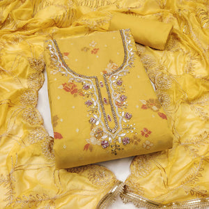 Mustard Unstitched Dress Material in Shimmer Cotton Silk with Delicate Thread Work Embroidery