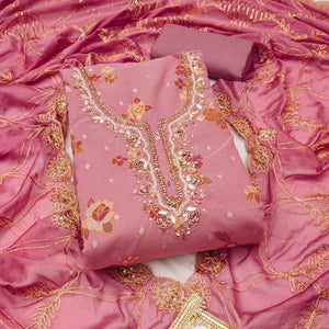 Pink Unstitched Dress Material in Shimmer Cotton Silk with Delicate Thread Work Embroidery
