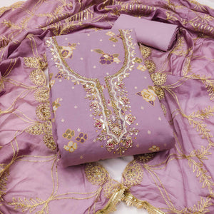 Purple Unstitched Dress Material in Shimmer Cotton Silk with Delicate Thread Work Embroidery