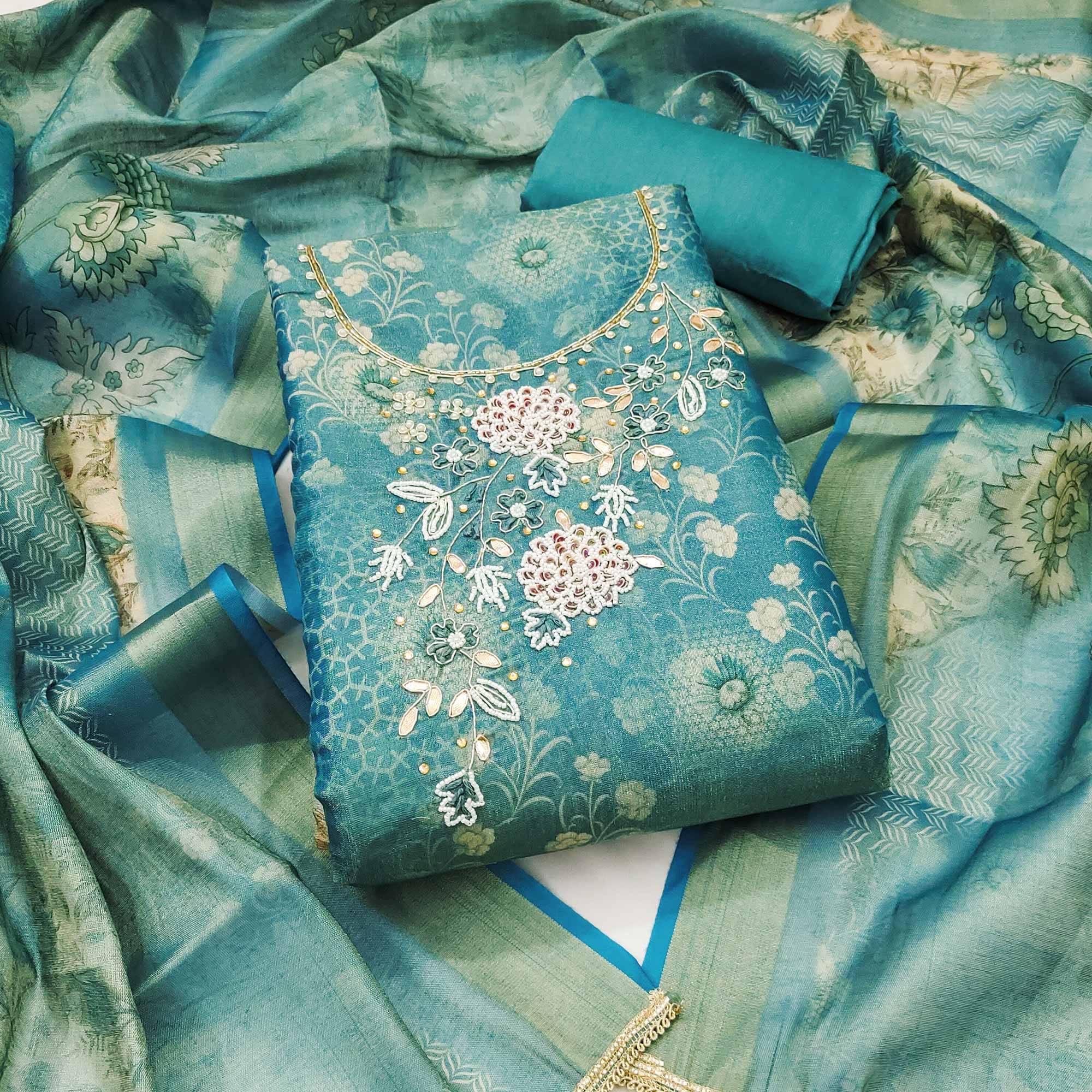 Rama Green Shimmer Cotton Silk Suit Fabric with Printed Motifs and Thread Embroidery