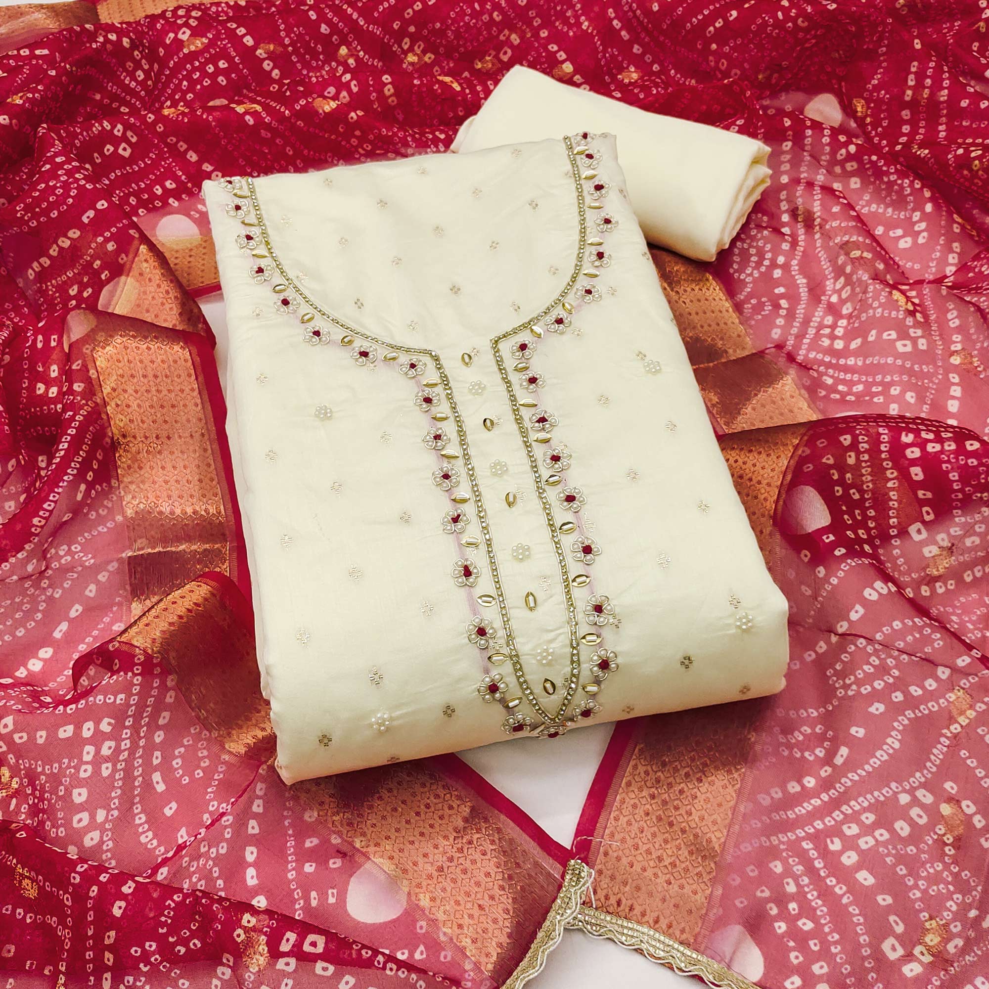 Cream Woven Banarasi Cotton Silk Dress Material with Artistic Bead Work and Classic Texture