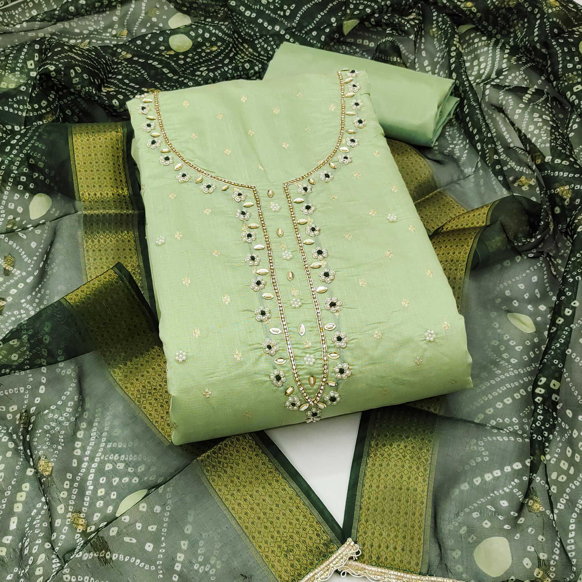 Green Woven Banarasi Cotton Silk Dress Material with Artistic Bead Work and Classic Texture