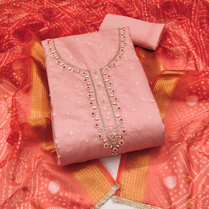 Peach Woven Banarasi Cotton Silk Dress Material with Artistic Bead Work and Classic Texture