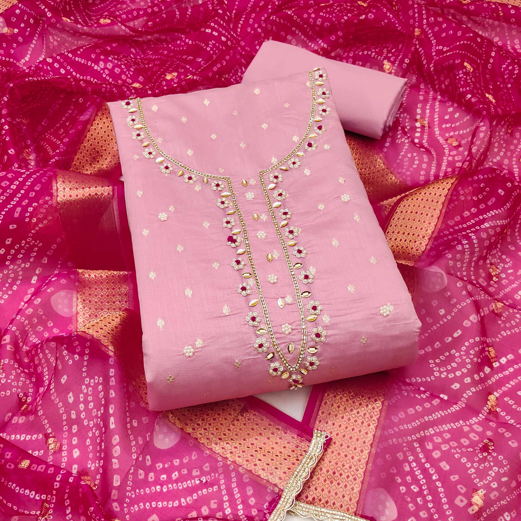 Pink Woven Banarasi Cotton Silk Dress Material with Artistic Bead Work and Classic Texture