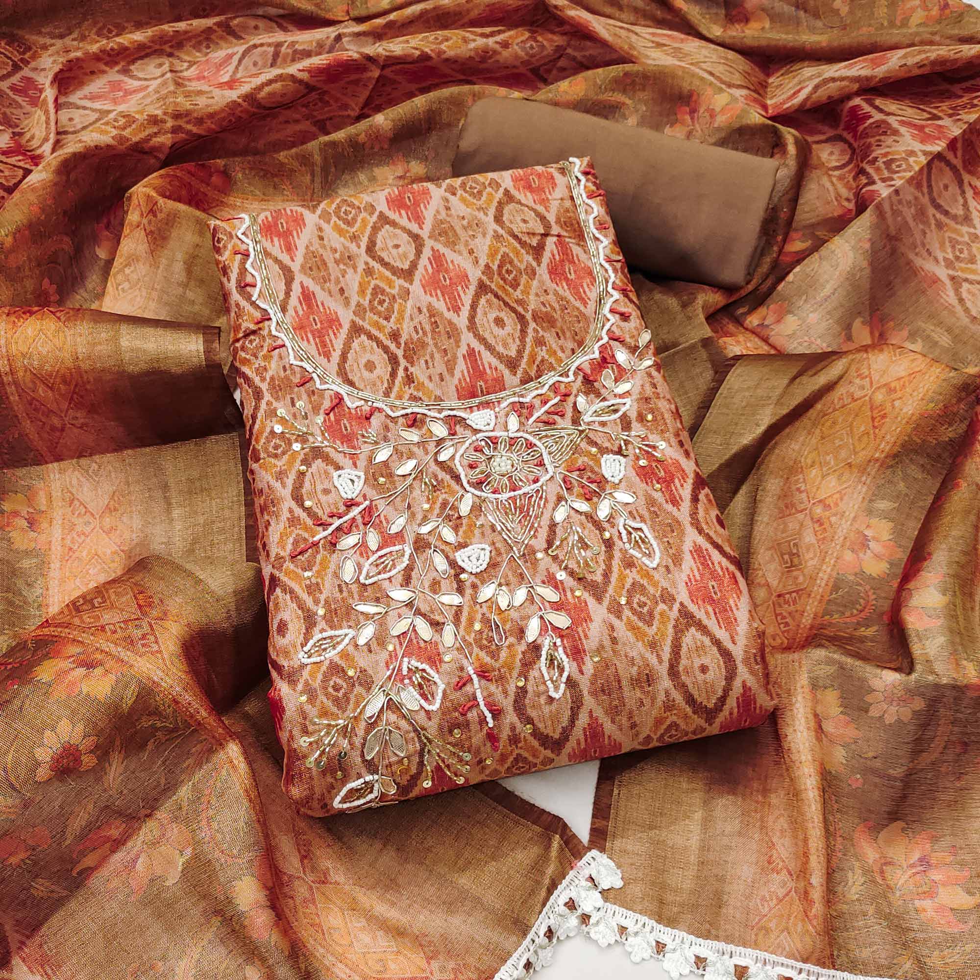 Brown Ikkat Printed Shimmer Cotton Silk Unstitched Dress Material with Elegant Beads Work