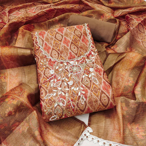 Brown Ikkat Printed Shimmer Cotton Silk Unstitched Dress Material with Elegant Beads Work