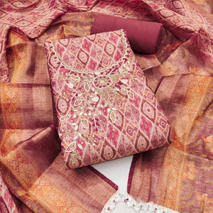 Mauve Ikkat Printed Shimmer Cotton Silk Unstitched Dress Material with Elegant Beads Work