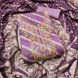 Purple Shimmer Cotton Silk Suit Material Featuring Zari Weaving and Artistic Embroidered Detailing