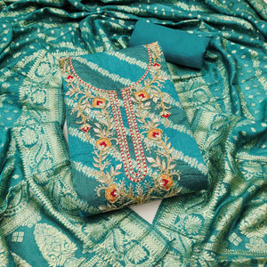 Rama Green Shimmer Cotton Silk Suit Material Featuring Zari Weaving and Artistic Embroidered Detailing