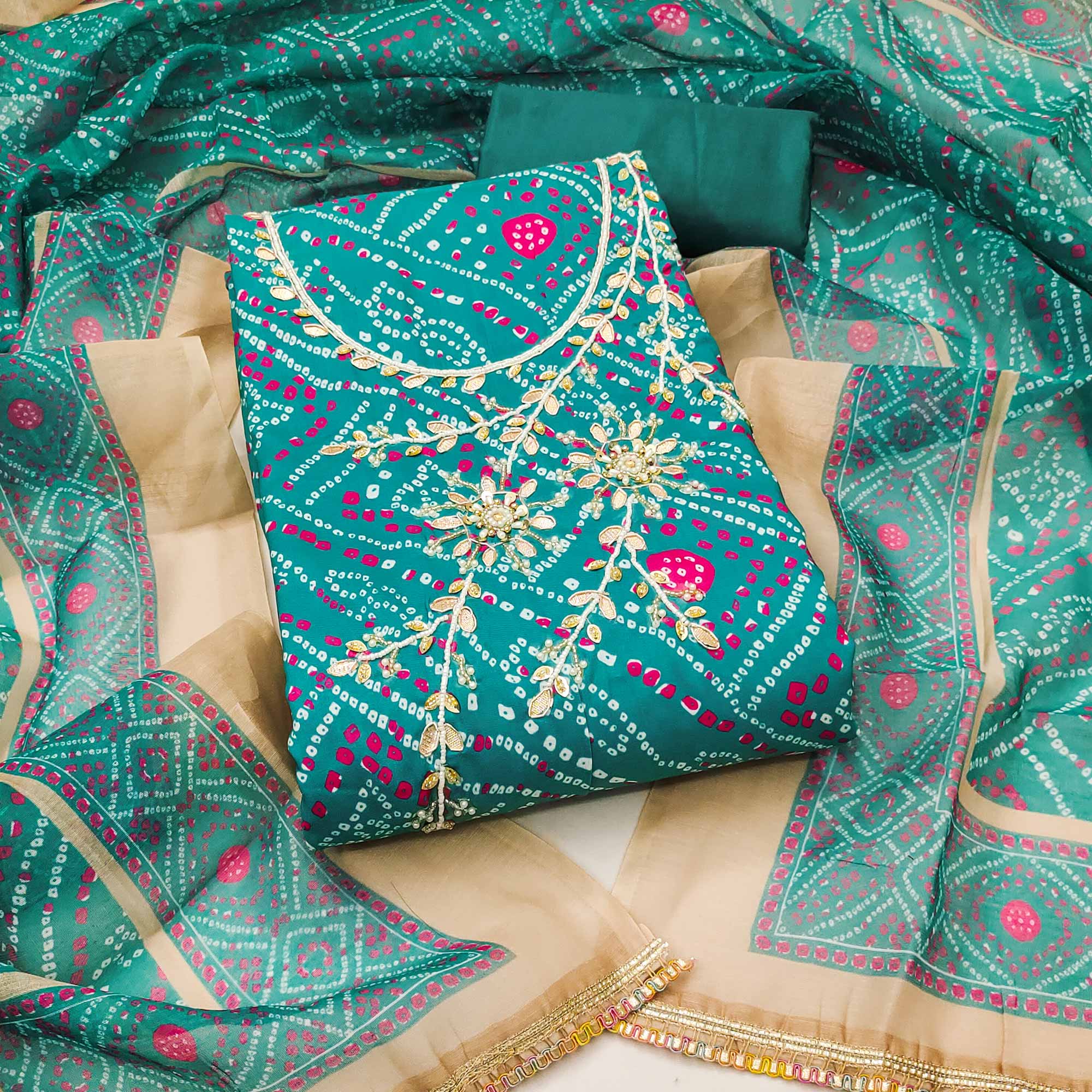 Rama Green Bandhani Print Unstitched Dress Material with Beautiful Gotta Patti Work for Festive Wear