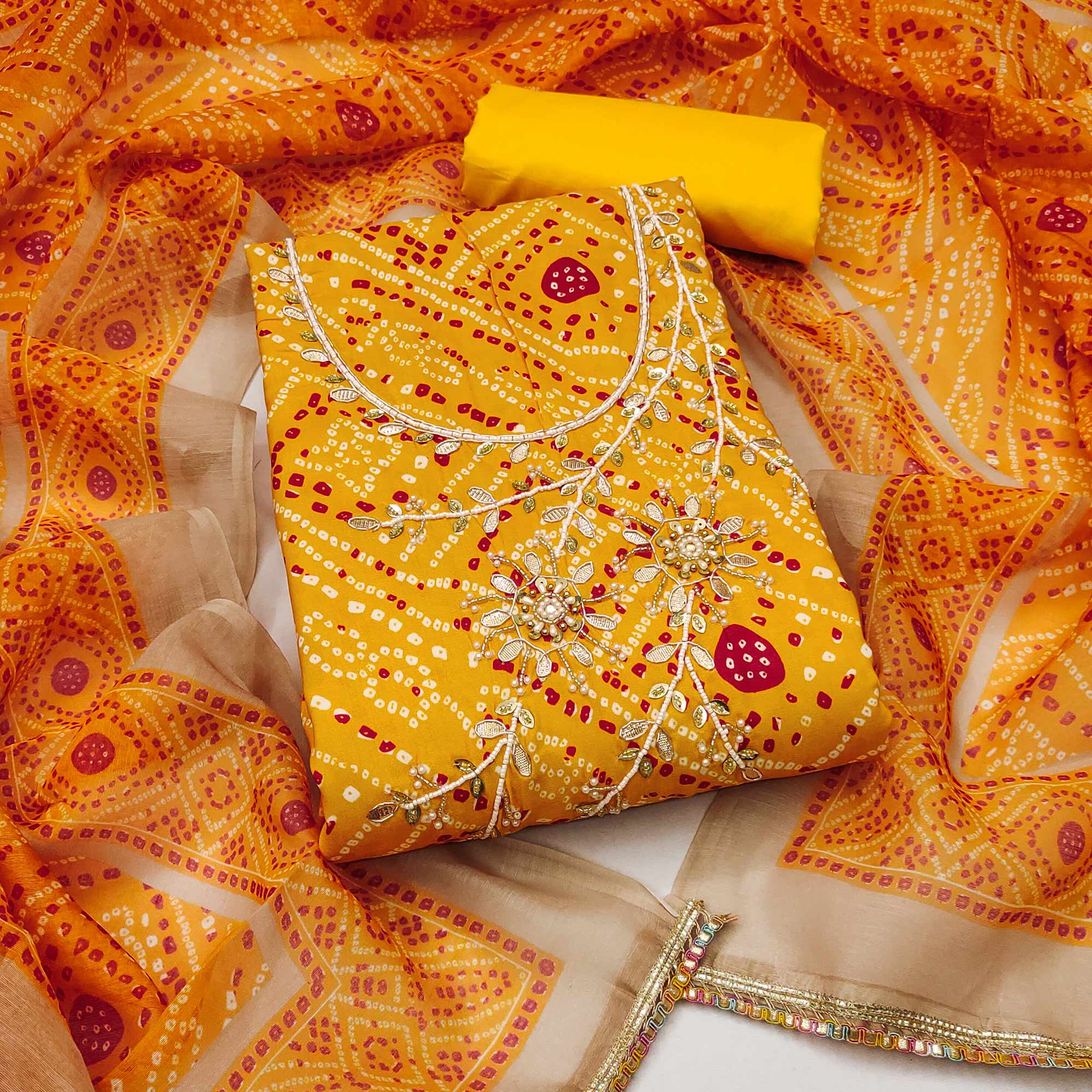 Yellow Bandhani Print Unstitched Dress Material with Beautiful Gotta Patti Work for Festive Wear