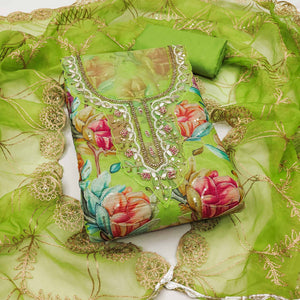 Green Floral Printed Organza Suit Fabric Adorned with Delicate Hand Beads Work