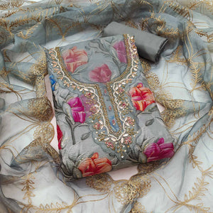 Grey Floral Printed Organza Suit Fabric Adorned with Delicate Hand Beads Work