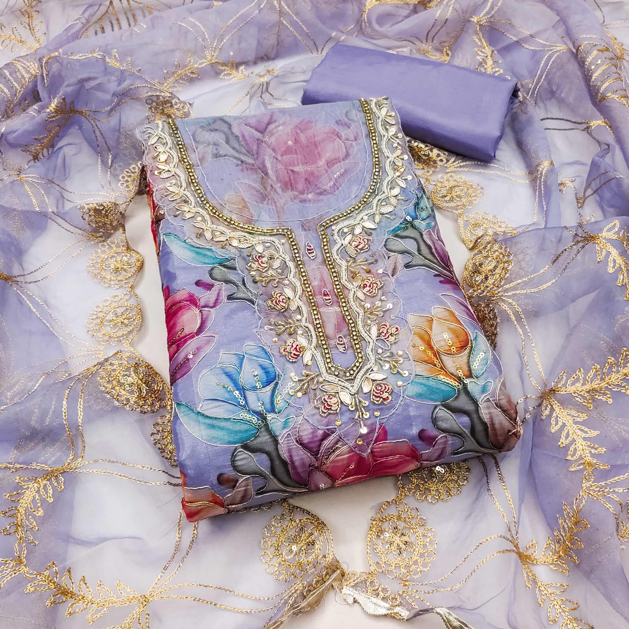 Lavender Floral Printed Organza Suit Fabric Adorned with Delicate Hand Beads Work