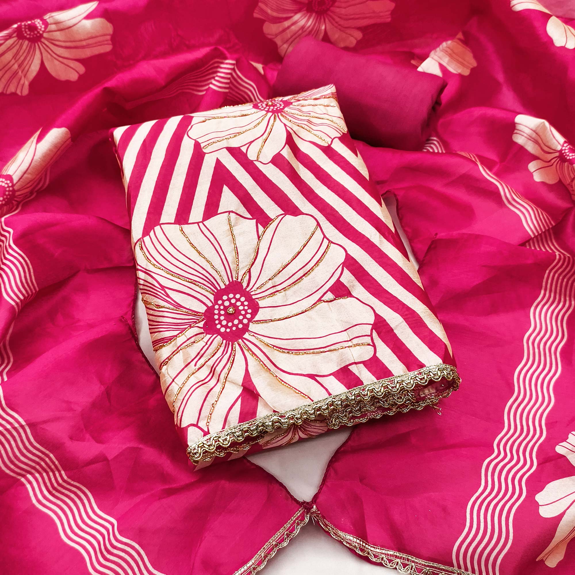 Pink Digital Printed Cotton Silk Dress Material Featuring Floral & Zig Zag Patterns With Handwork