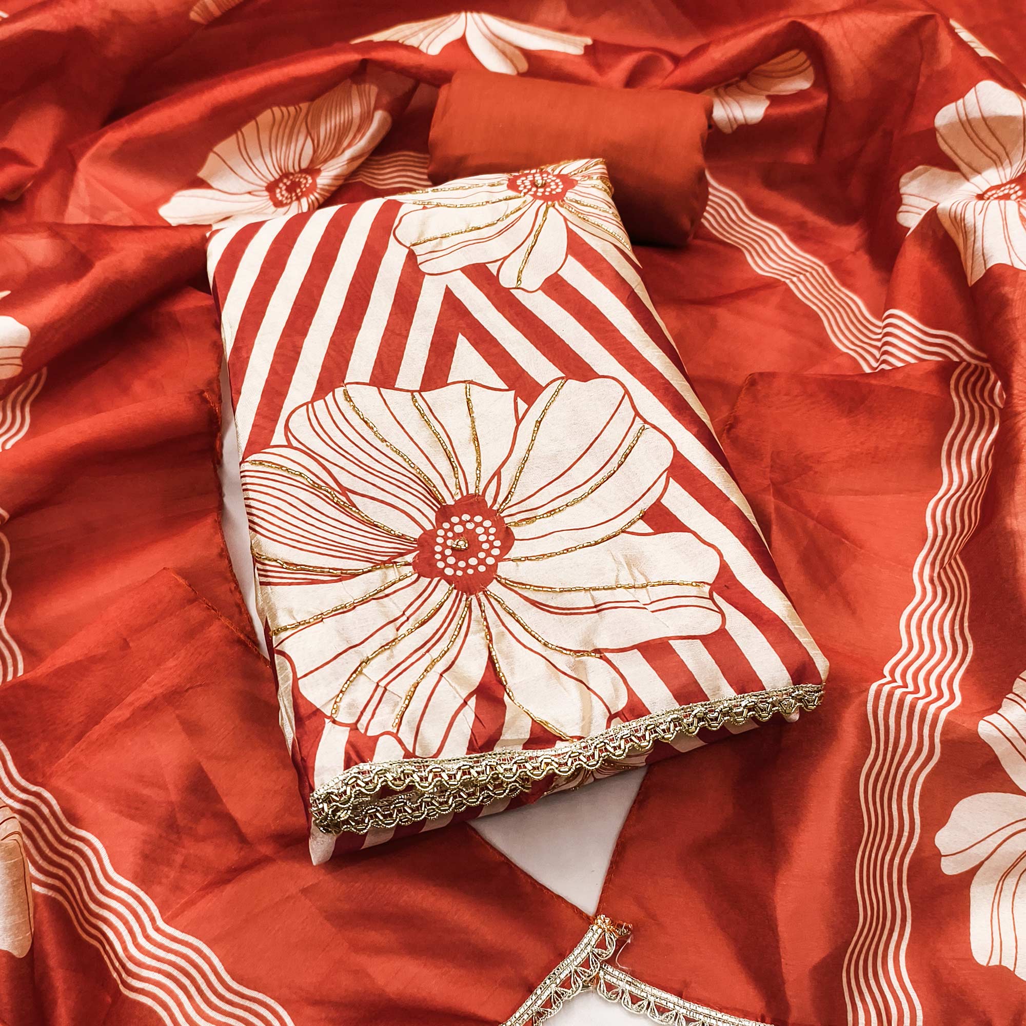 Rust Digital Printed Cotton Silk Dress Material Featuring Floral & Zig Zag Patterns With Handwork