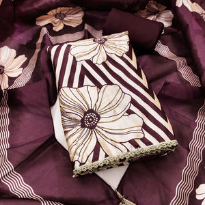 Wine Digital Printed Cotton Silk Dress Material Featuring Floral & Zig Zag Patterns With Handwork