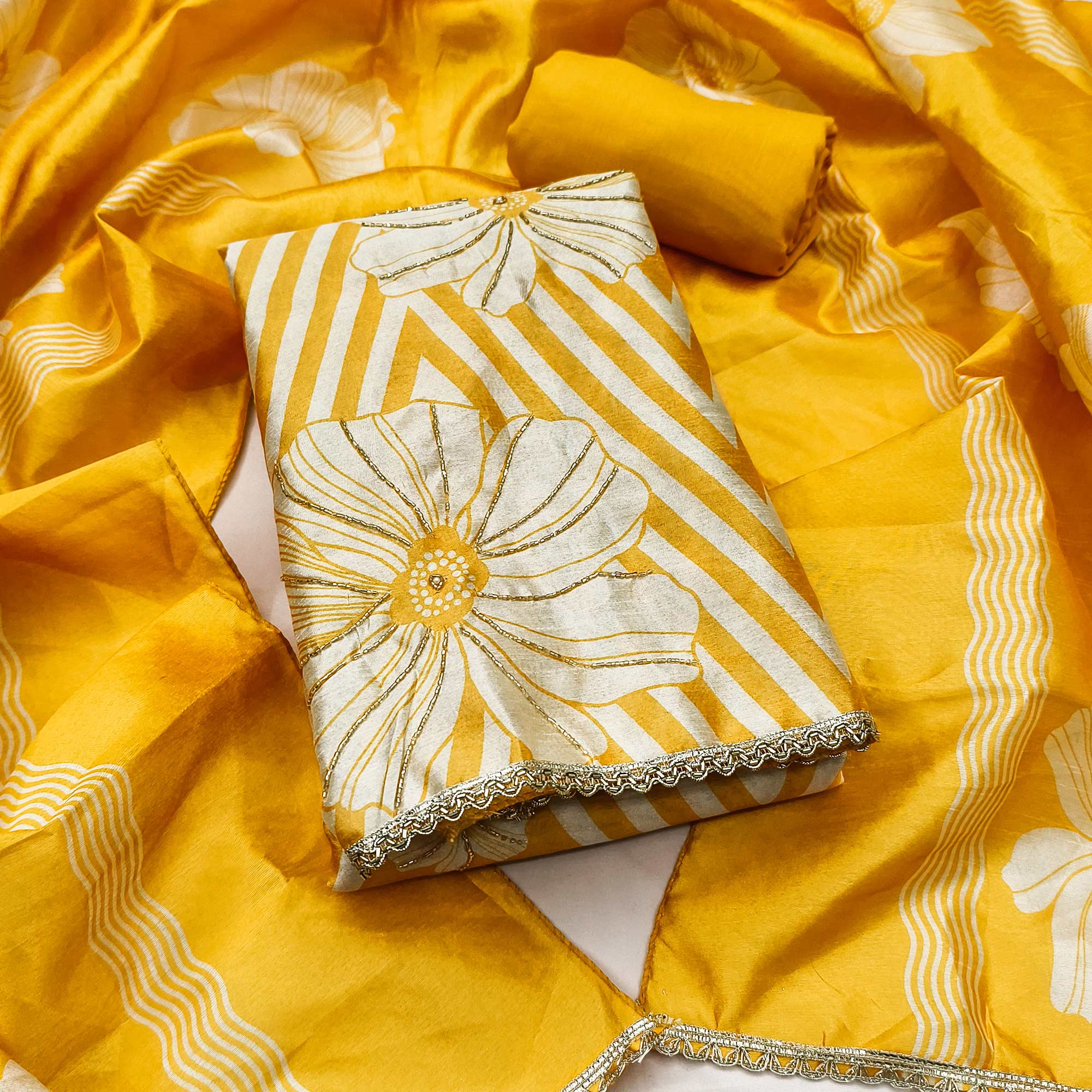 Yellow Digital Printed Cotton Silk Dress Material Featuring Floral & Zig Zag Patterns With Handwork