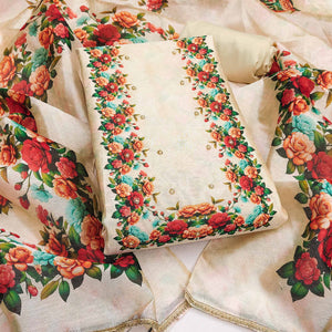 Premium Cream Floral Digital Printed Cotton Silk Dress Material With Moti Handwork