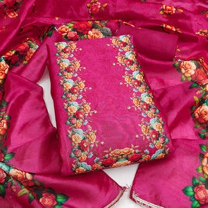 Premium Rani Pink Floral Digital Printed Cotton Silk Dress Material With Moti Handwork